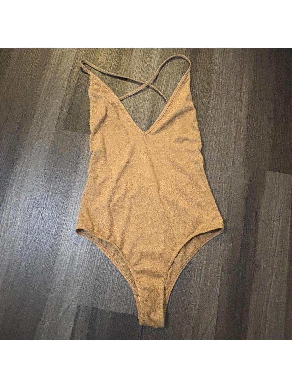 Blue Life Women's Bathing Suit Size Medium Tan Faux Suede Open Back V-Neck